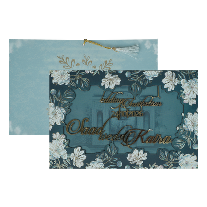 Check out this Blue Floral Foiled Script Wedding Card at best price.✅WhatsApp Support ✅Express Delivery.|King of cards.