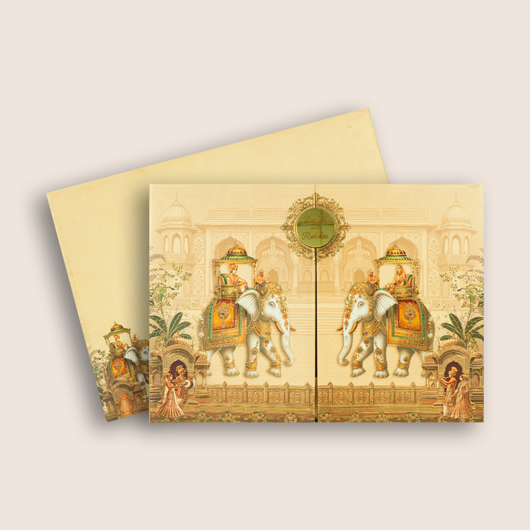 Cream Padded Elephant Door Style Wedding Card - KAA06060