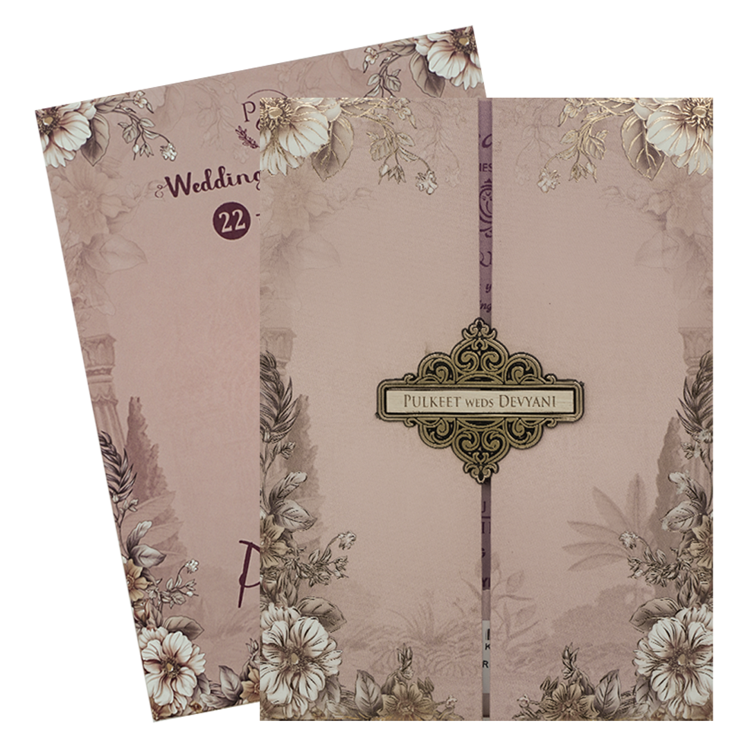 Pastel Brown Floral Door Style Padded Wedding Card - KJTS1822