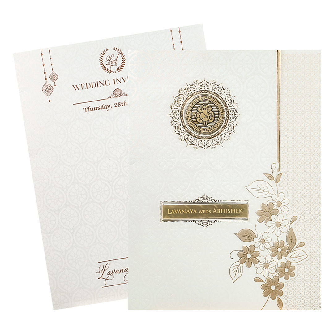 Check out White Embossed Monogram Floral Wedding Card at best price.WhatsApp Support|Express Delivery|King of cards.