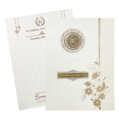 Check out White Embossed Monogram Floral Wedding Card at best price.WhatsApp Support|Express Delivery|King of cards.