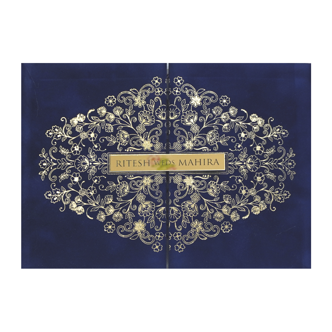 Royal Blue Gold Floral Padded Wedding Card - KMMWD1152