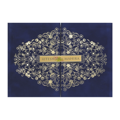 Royal Blue Gold Floral Padded Wedding Card - KMMWD1152