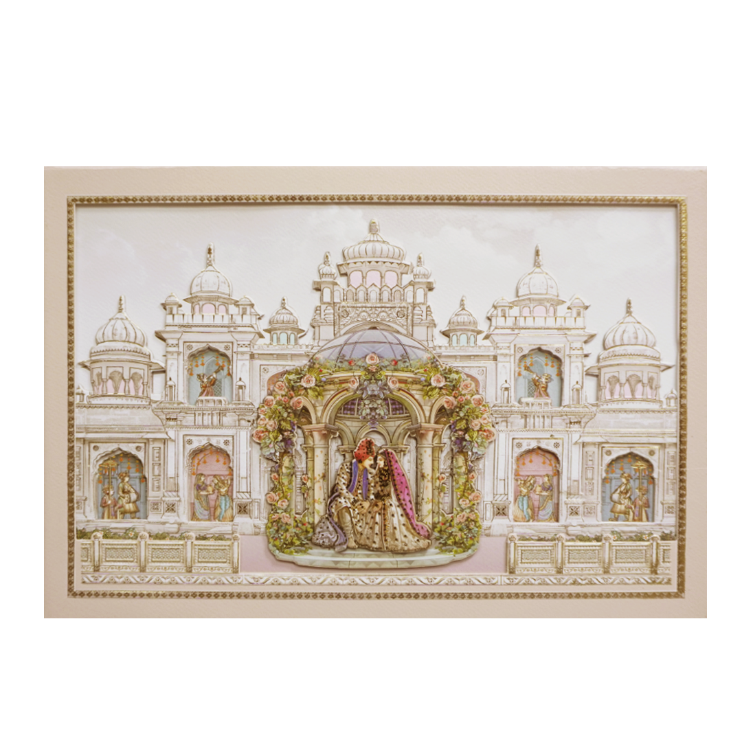 Grey Palace Laser Cut Padded 3D Couple Wedding Card-KMMEX8120