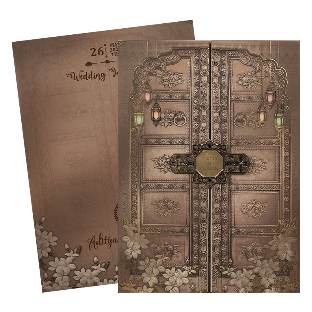 Brown Palace Door Padded Wedding Card-KRE27210