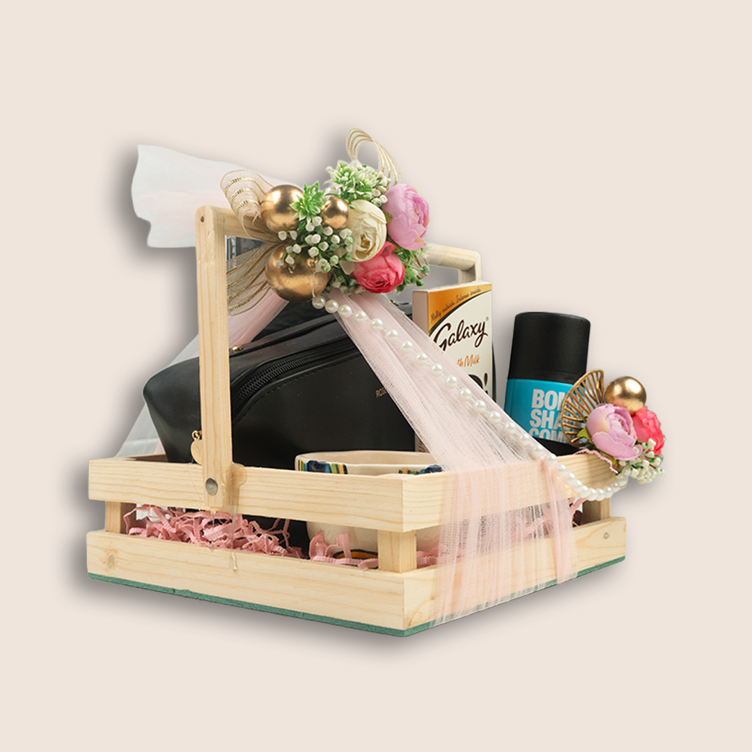 Beige Floral Wooden Gift Hamper Basket - KLGH0140