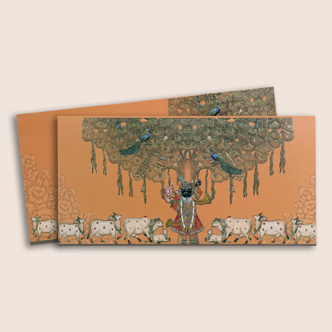 Orange Embossed Lord Shrinathji Invitation Card - KPR06460