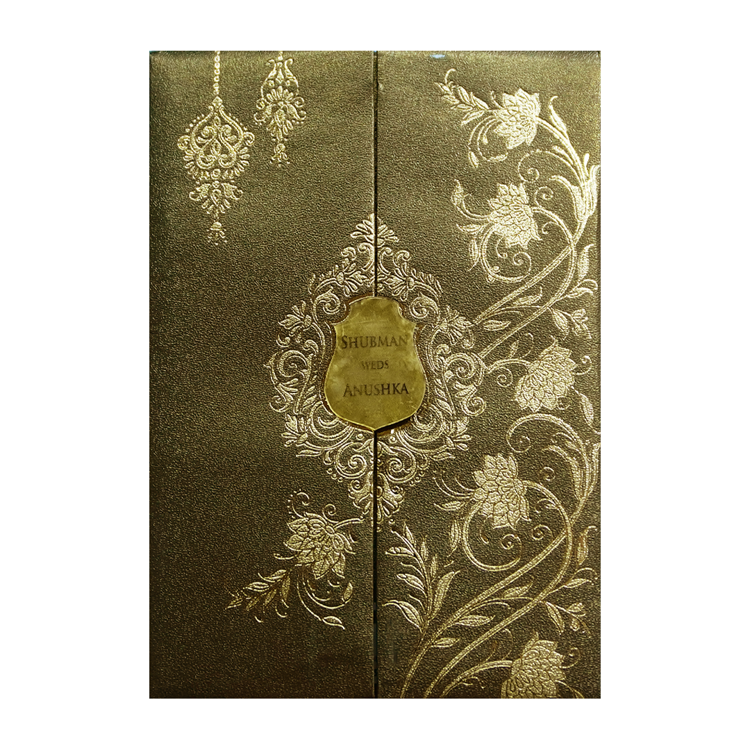 Brown Gold Padded Door Style Wedding Card-KRB08340