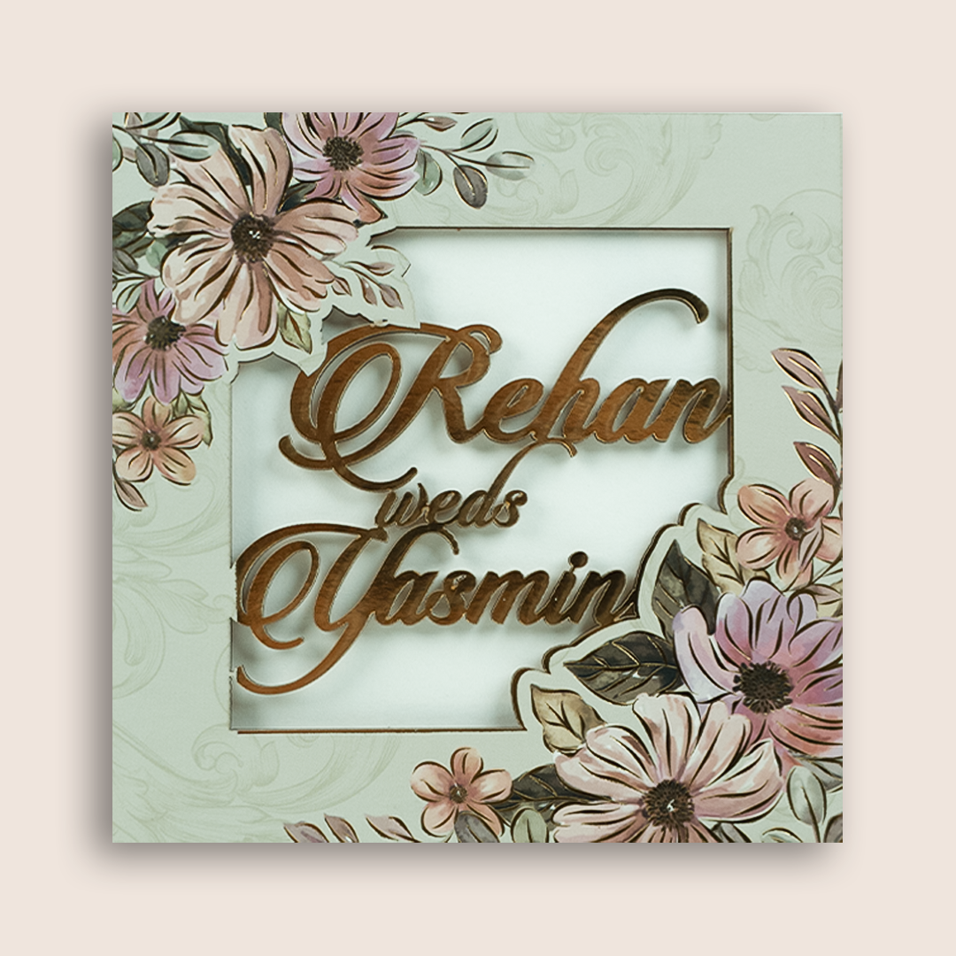 Pale Green Floral MDF Laser Cut Wedding Invitation - KVN07040