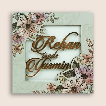 Pale Green Floral MDF Laser Cut Wedding Invitation - KVN07040