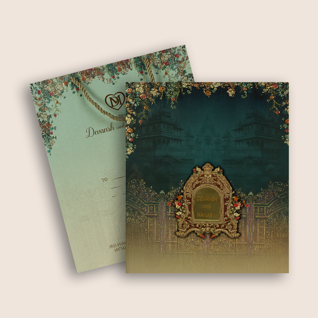Teal Blue Floral Palace Luxury Wedding Invitation Box - KSI32810