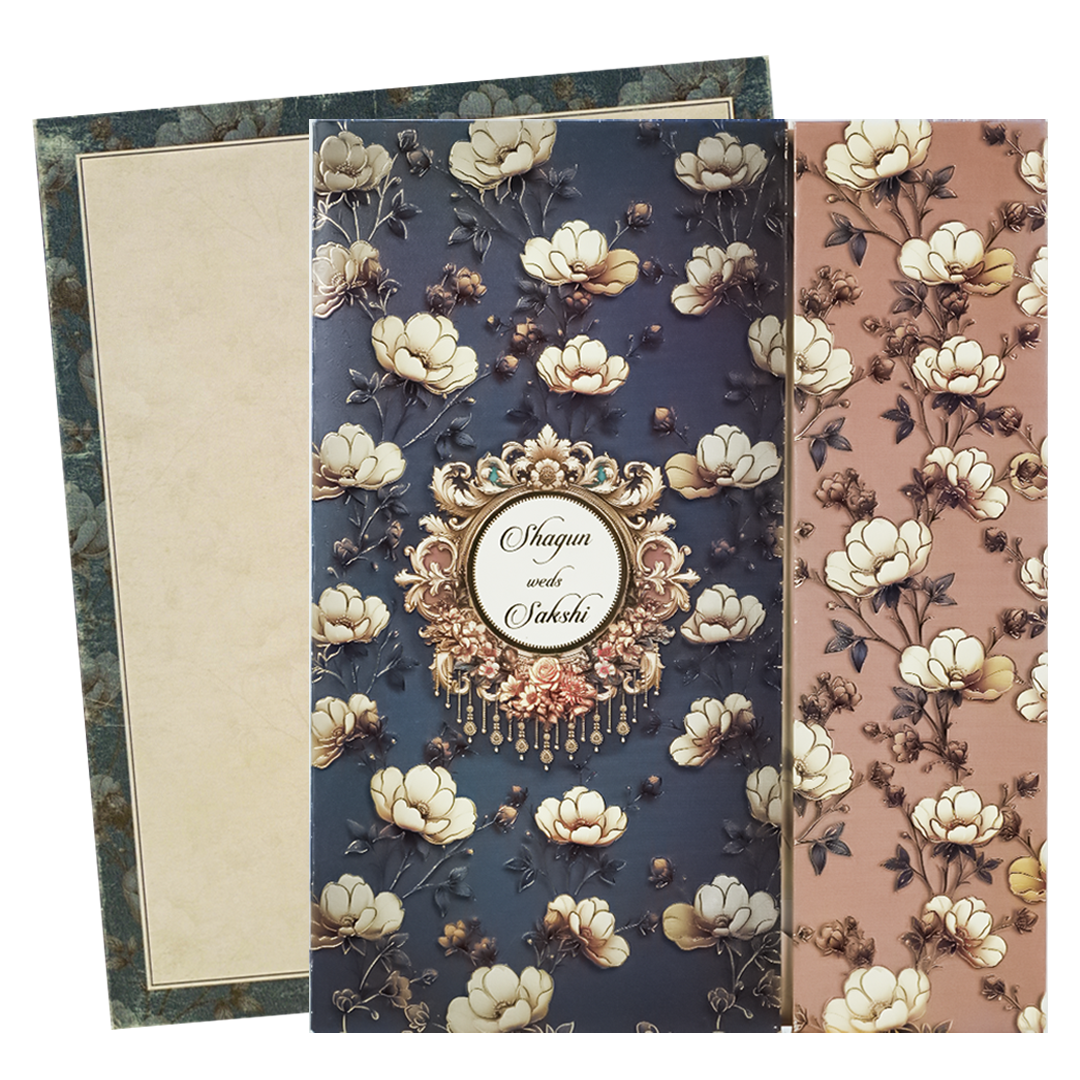 Blue Padded Floral Wedding Card-KAK01430