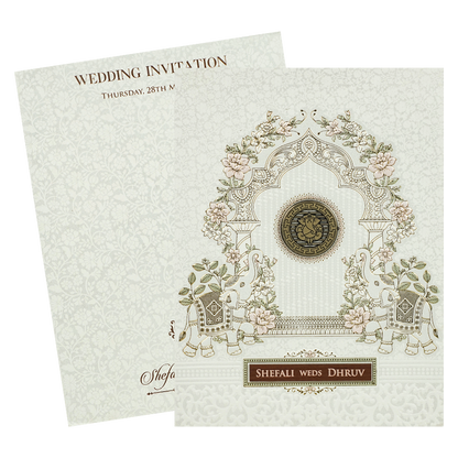 White Ganesha Elephant Embossed Wedding Card-KRE28390