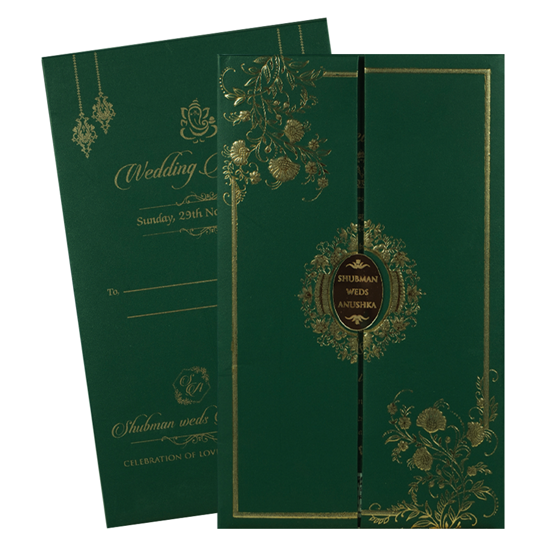 Green Gold Floral Padded Wedding Card-KRB09340