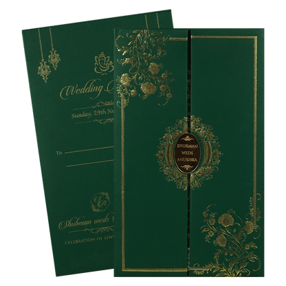 Green Gold Floral Padded Wedding Card-KRB09340