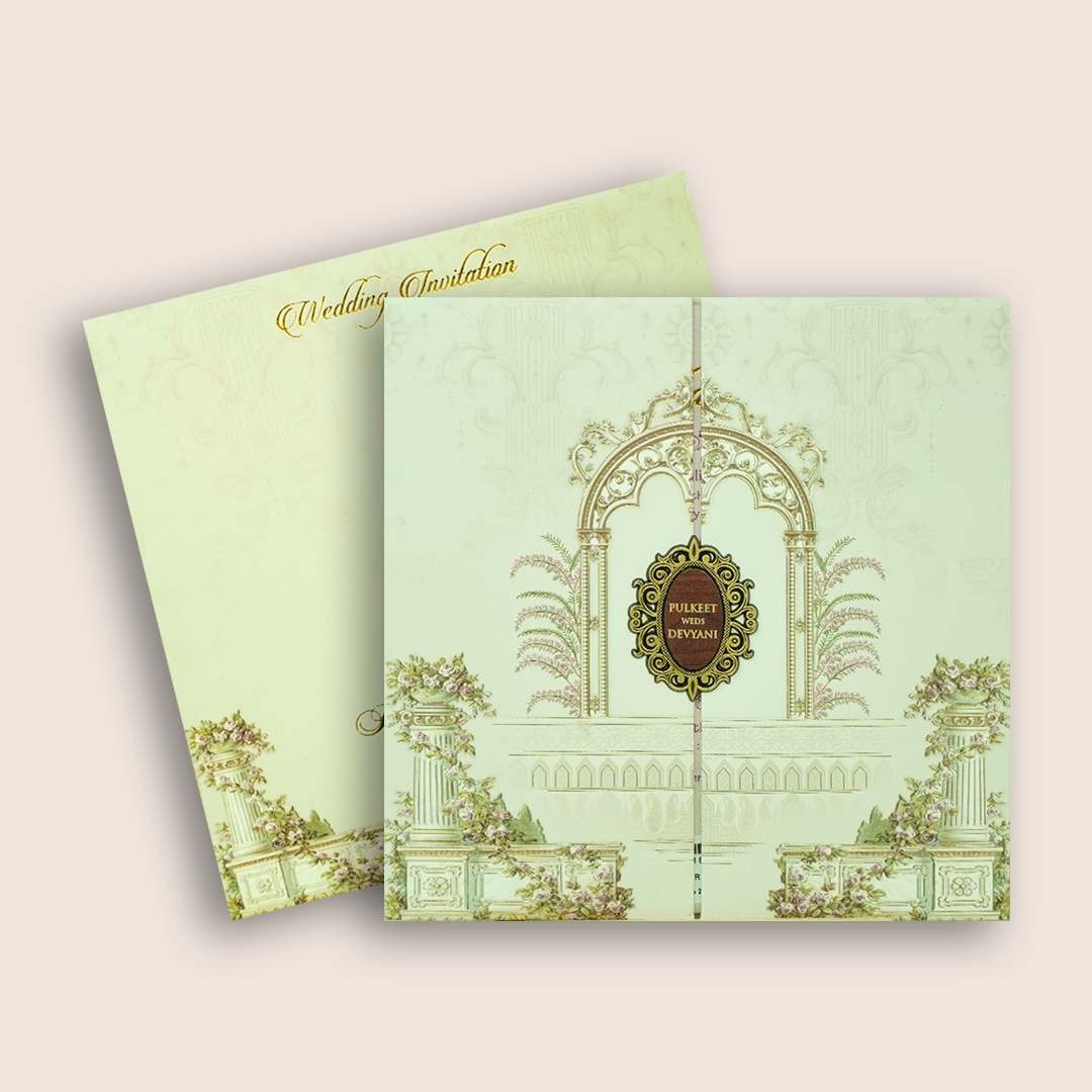 White Floral Door Style Padded Wedding Card - KJTS1819