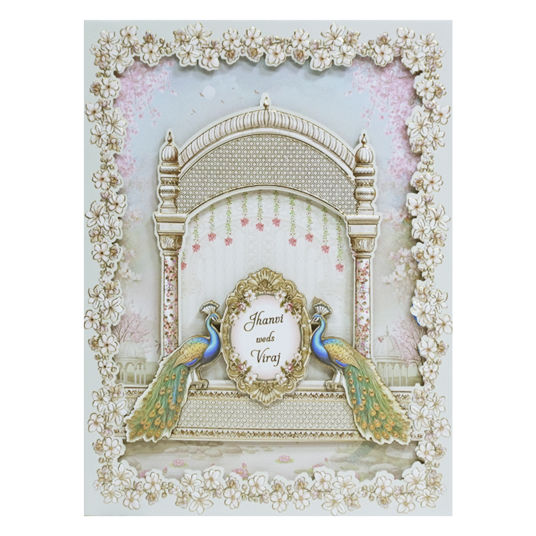 White Gold Lasercut Peacock Palace Padded Wedding Card-KMMEX8150