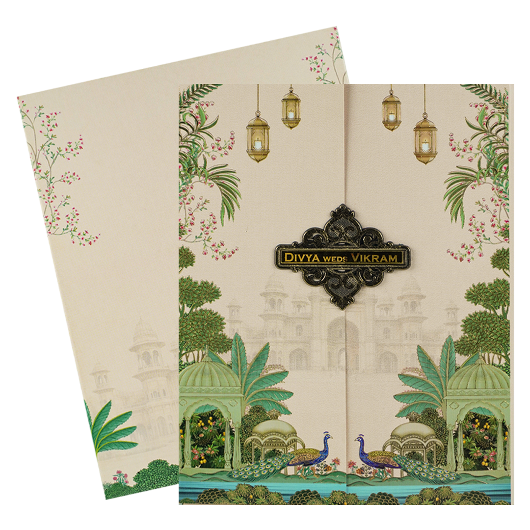 Pink Padded Peacock Palace Wedding Card-KNKN6320