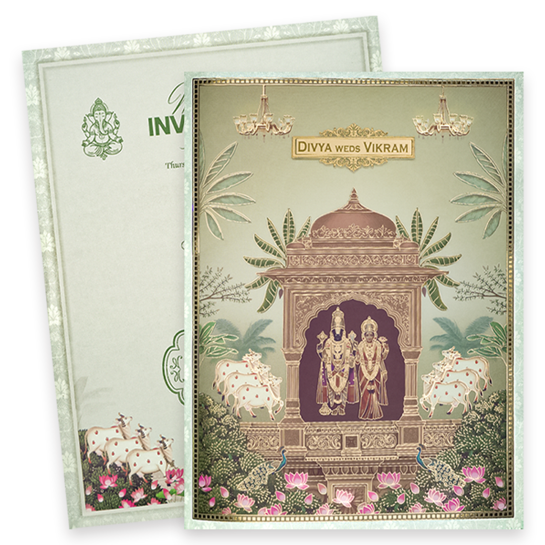 Green Floral Lord Balaji Padmavathi Wedding Card-KNKJ1158