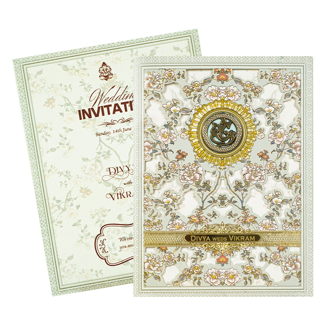 Ivory Green Floral Laser-cut Wedding Card-KNZT2301