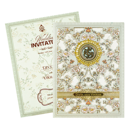 Ivory Green Floral Laser-cut Wedding Card-KNZT2301