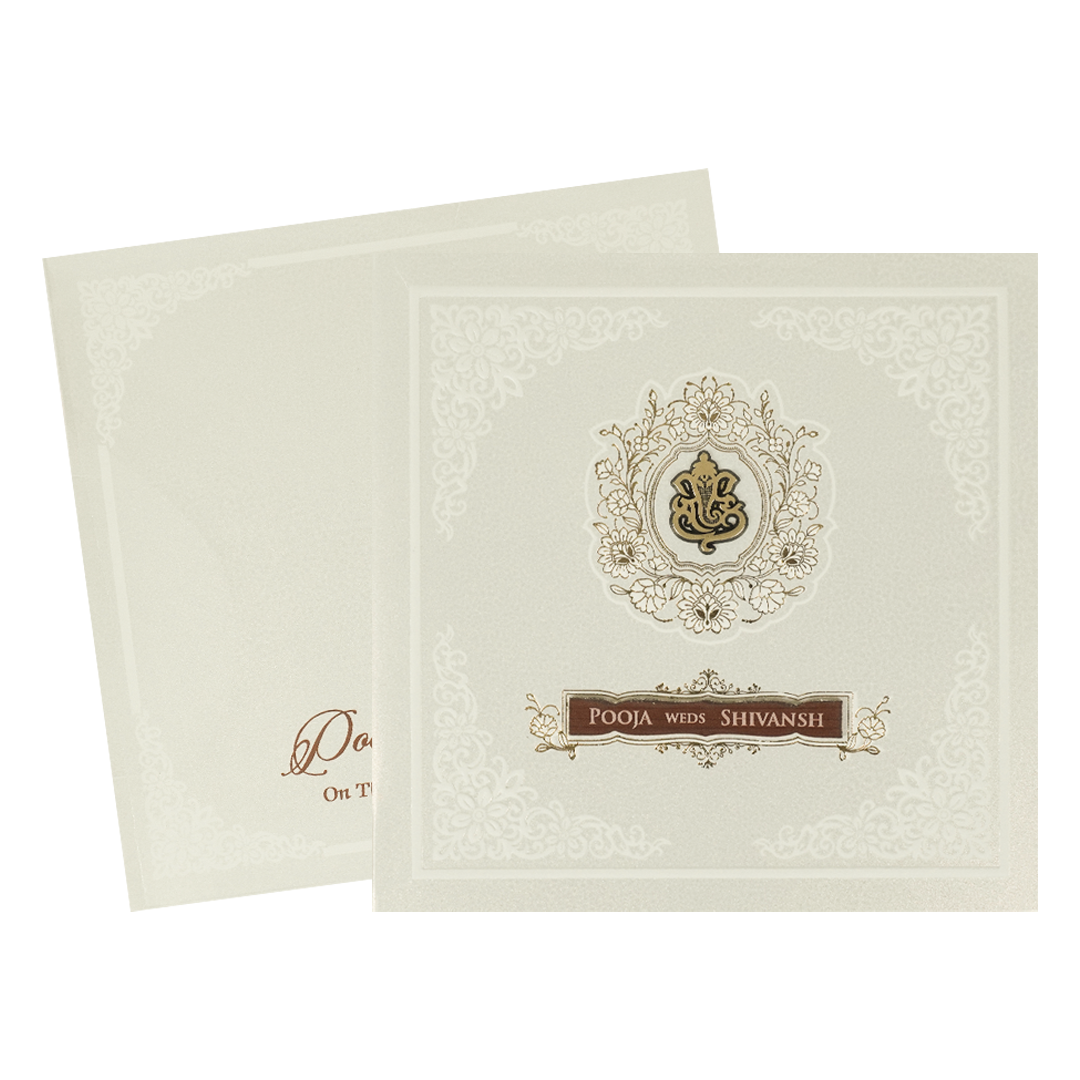 White Ganesha Floral Wedding Card-KRE27710