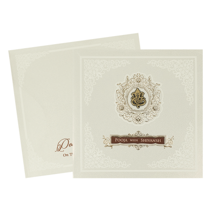 White Ganesha Floral Wedding Card-KRE27710