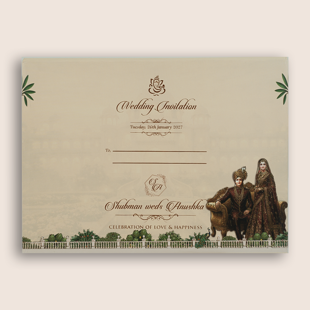 Dark Brown Laser Cut Bride Groom Door Style Padded Wedding Card - KRB105900