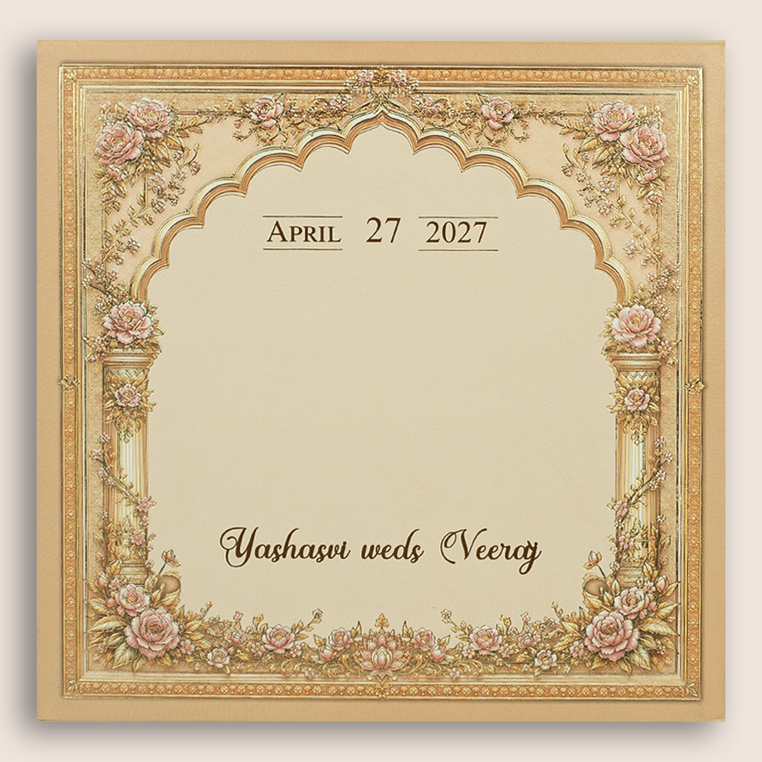 Beige Royal Baraat Laser Cut Padded Wedding Card - KPR026190