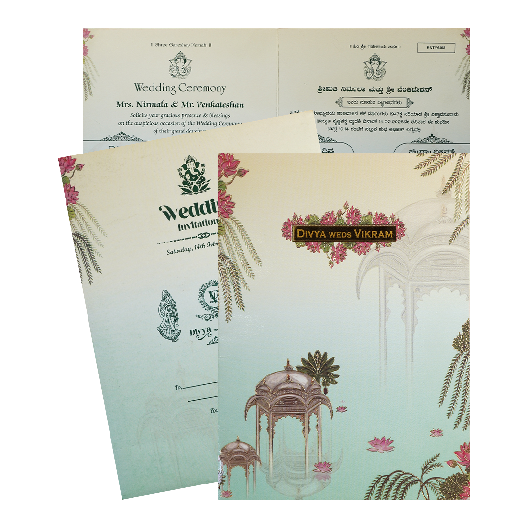 Pastel Green Lotus Pavilion Wedding Card-KNTY6808