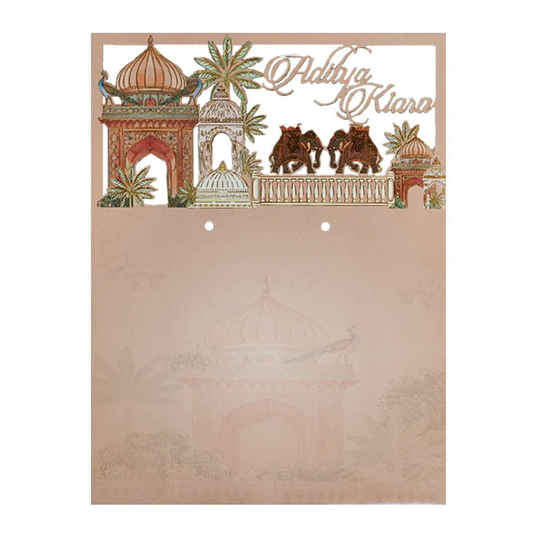 Peach Palace Elephant Baraat Wedding Card-KFR16060