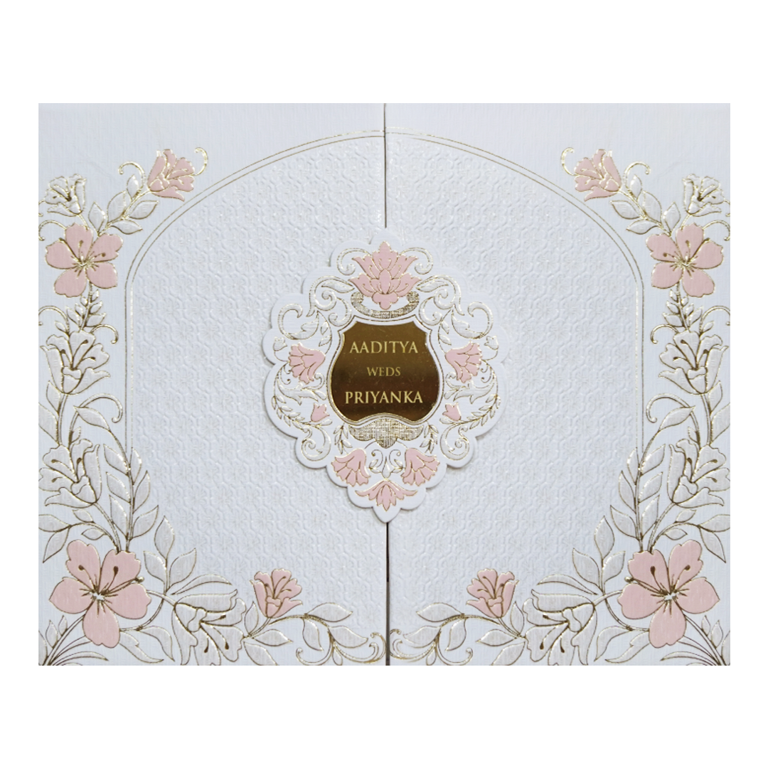 White Gatefold Padded Floral Wedding Card-KMMWD1112