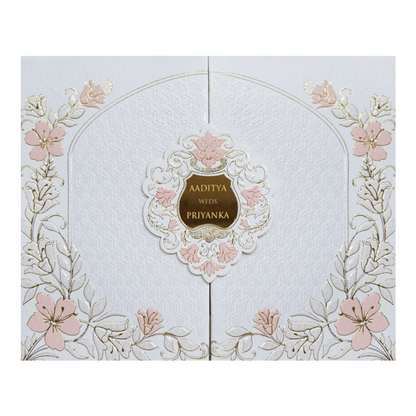 White Gatefold Padded Floral Wedding Card-KMMWD1112