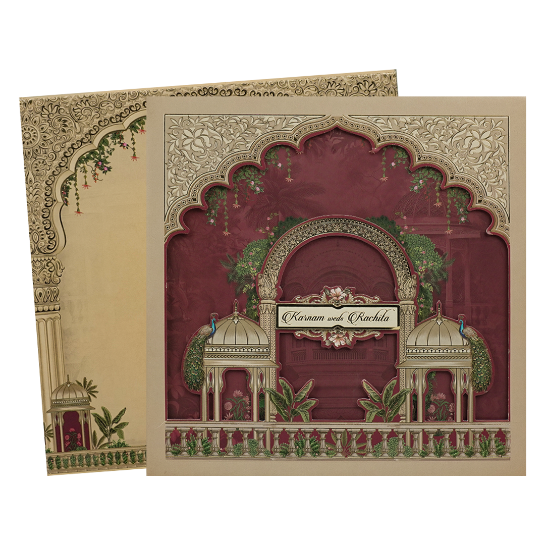 Maroon Padded Peacock Palace Wedding Card-KAK02000