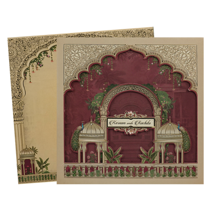 Maroon Padded Peacock Palace Wedding Card-KAK02000