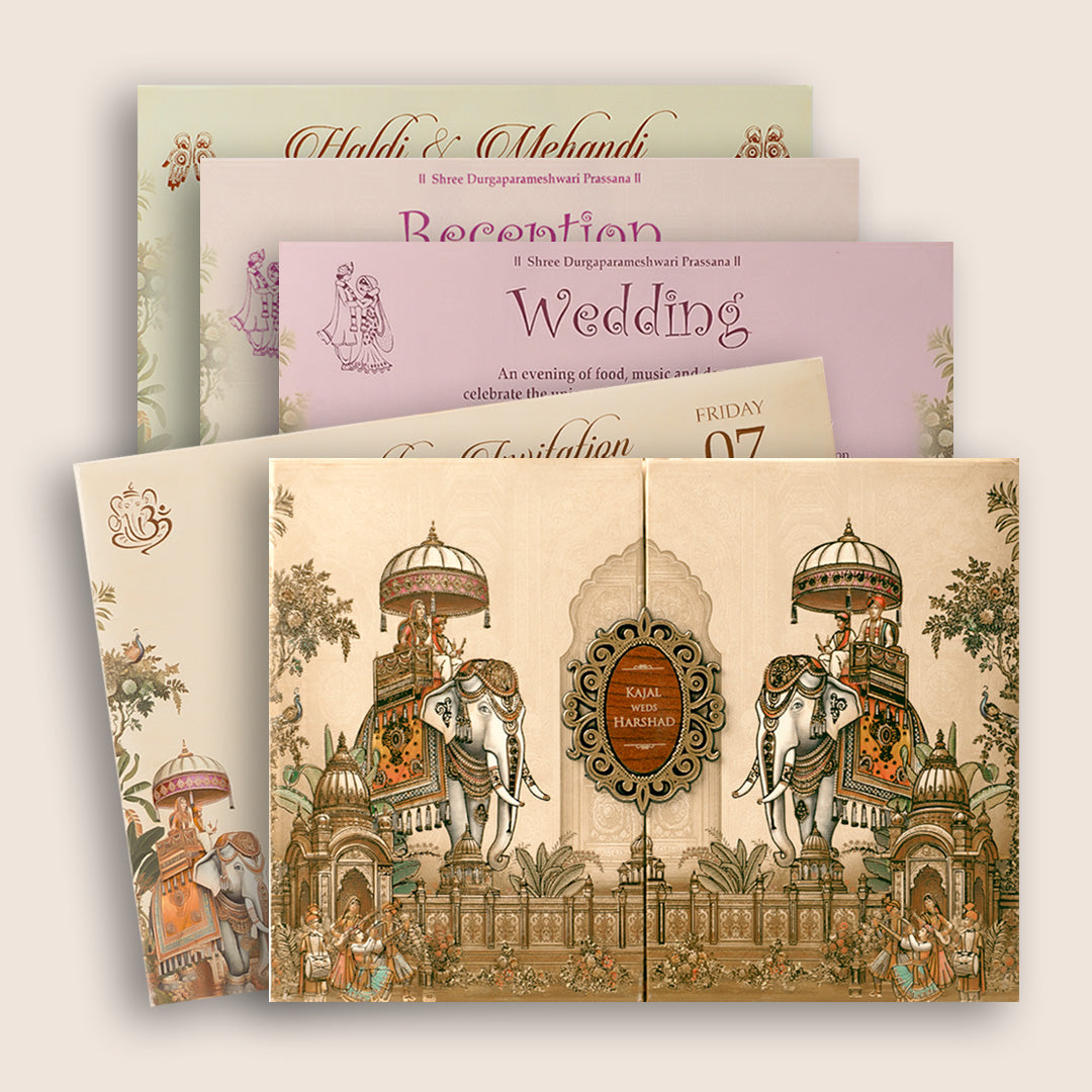 Pastel Pink Royal Elephant Padded Wedding Card - KSH18240