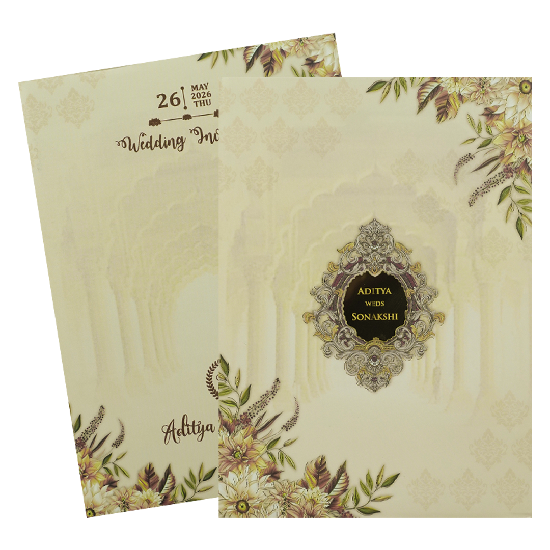 Cream Floral Palace Arch Padded Wedding Card-KRE26540