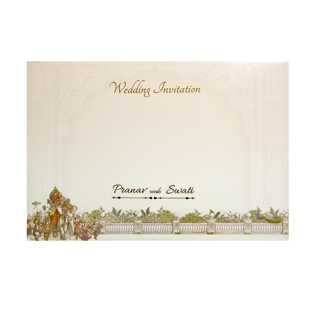 Cream Baraat Procession 3D Padded Wedding Card - KMMWD1111