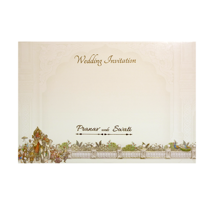 Cream Baraat Procession 3D Padded Wedding Card - KMMWD1111