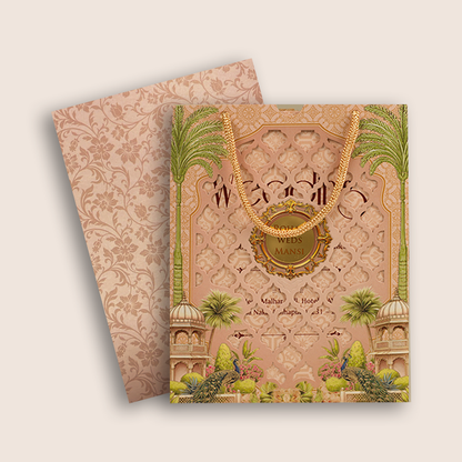 Pastel Pink Jharokha Laser Cut Bag Style Wedding Card - KPR07190