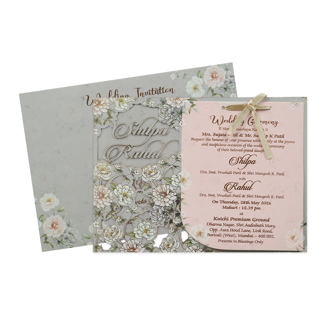 Grey Laser Cut Floral Wedding Card-KRE27280