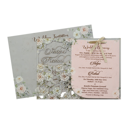 Grey Laser Cut Floral Wedding Card-KRE27280