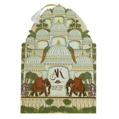 Cream Gold Dome Theme Elephant Wedding Card - KFR16120