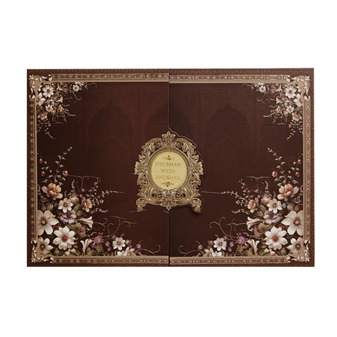 Royal Brown Floral Gold Foil Door Style Wedding Invitation Card-KRB09090