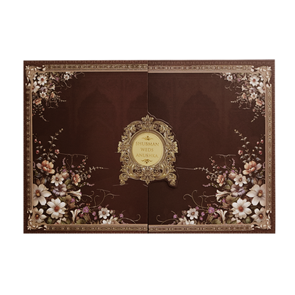 Royal Brown Floral Gold Foil Door Style Wedding Invitation Card-KRB09090