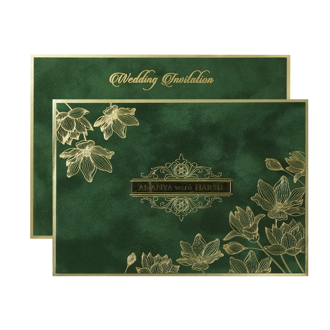 Dark Green Floral Padded Wedding Card-KMMWD1157