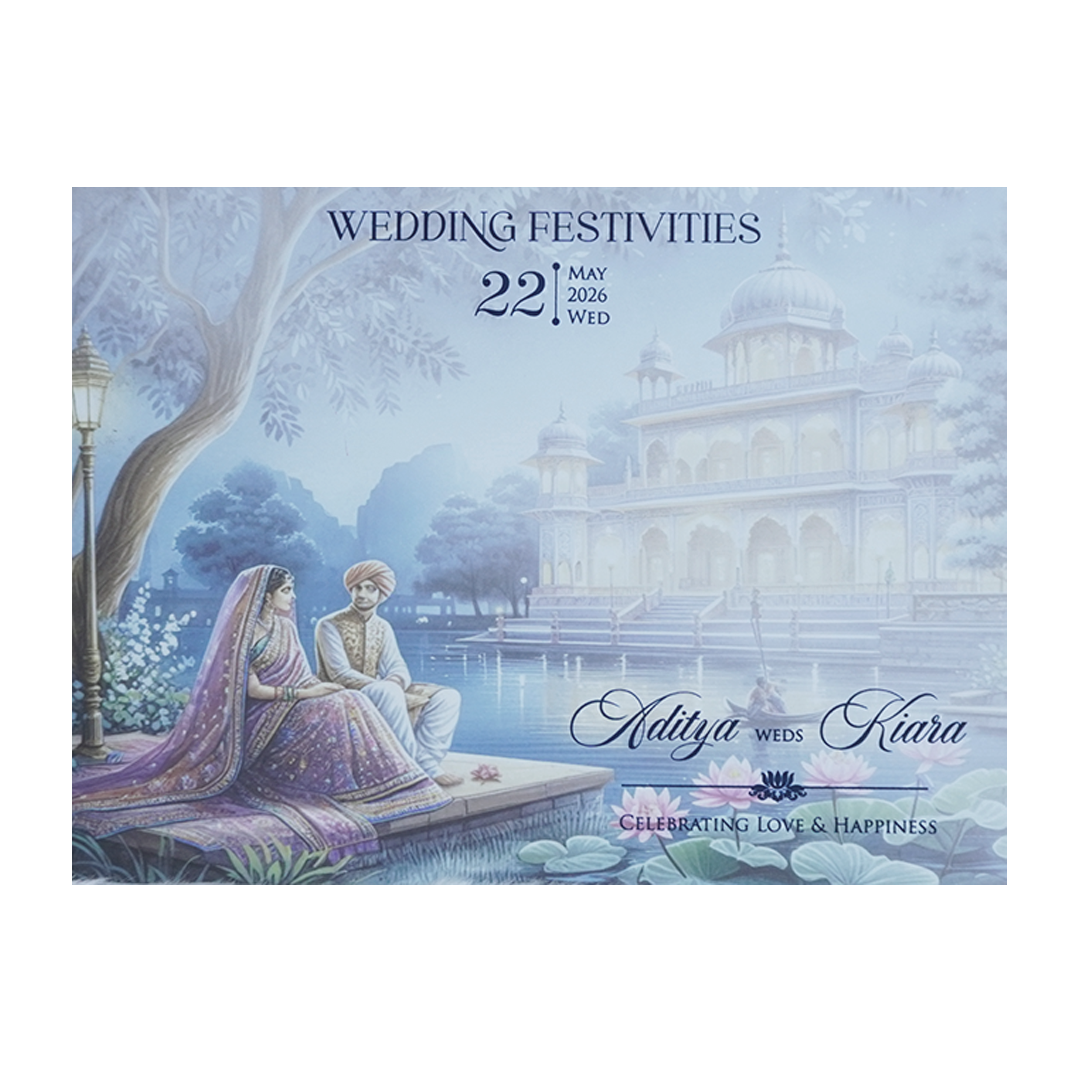 Blue Palace Couple Theme Wedding Card - KFR16290