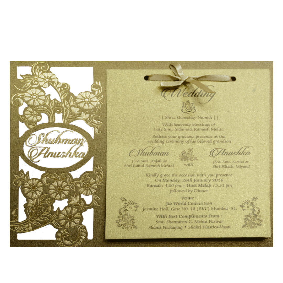 Elegant Gold MDF Laser Cutout Wedding Invitation Card-KRB09160