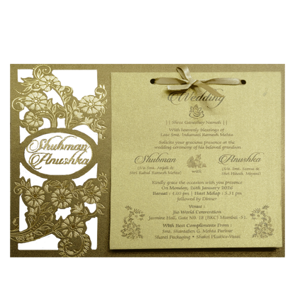 Elegant Gold MDF Laser Cutout Wedding Invitation Card-KRB09160