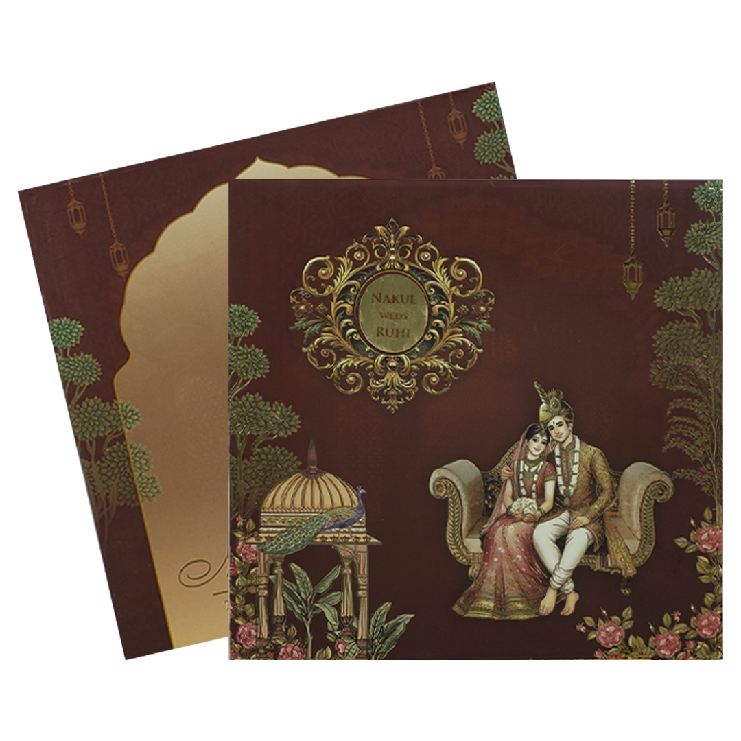 Brown Royal Couple Padded Wedding Card-KRE27940